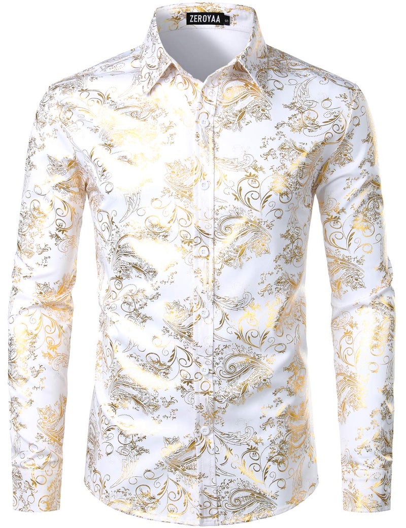 ZEROYAA Men's Luxury Paisley Gold Shiny Printed Stylish Slim Fit Button Down Dress Shirt ZLCL18 White Gold X-Large - Image 1